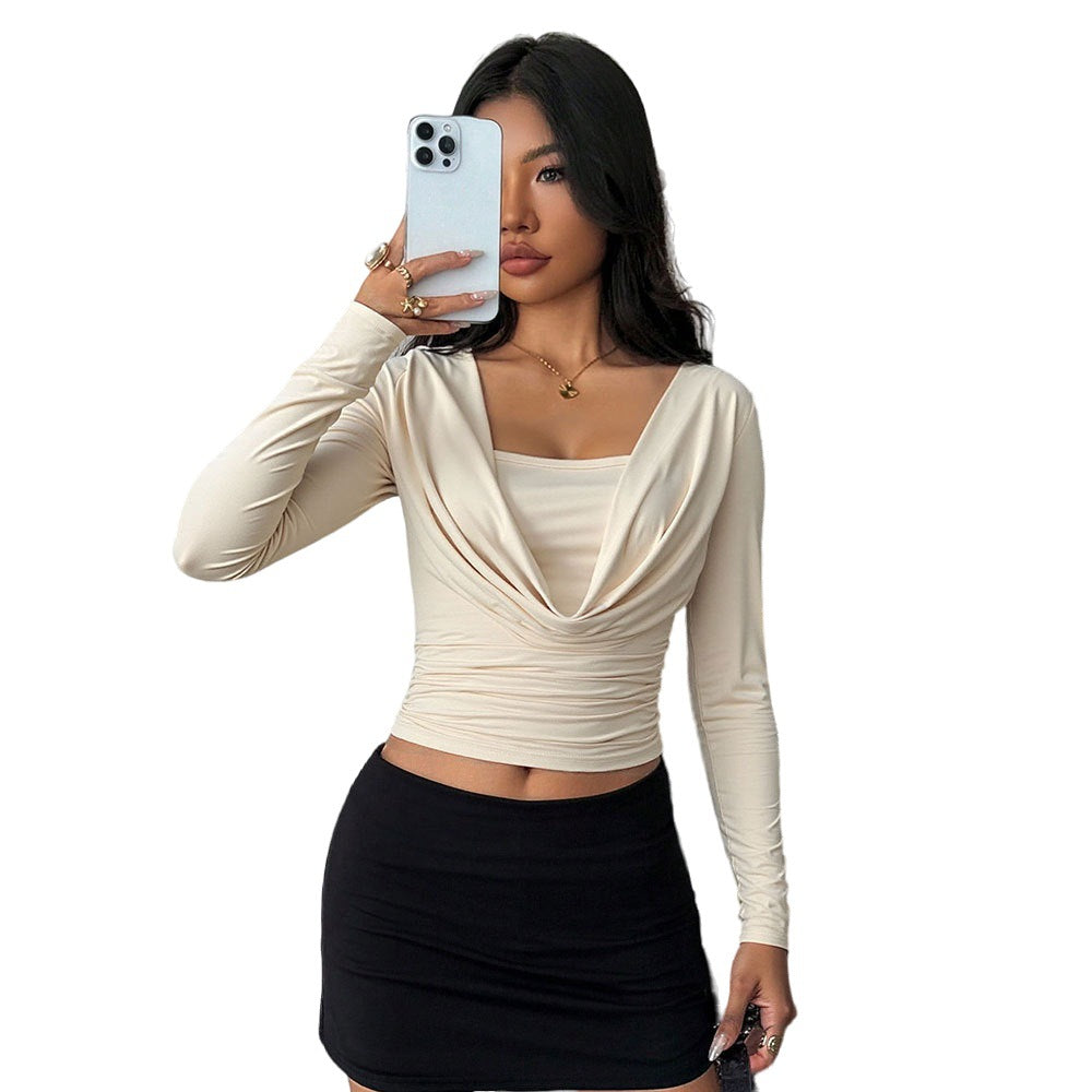 Damen drapiertes Langarm-Cropped-Top mit Wasserfall-Cowl Untertop-Einsatz und taillierter Raffung – Avérine