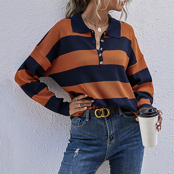 Damen Eleganter Pullover mit Polo-Kragen und Streifen Echo Archiv