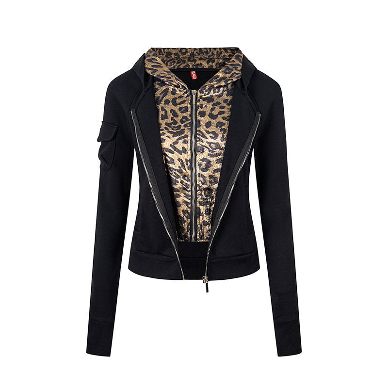 Damen Lagenlook-Zip-Hoodie mit metallischem Leoparden-Innenfutter und schmaler Silhouette Echoarchiv