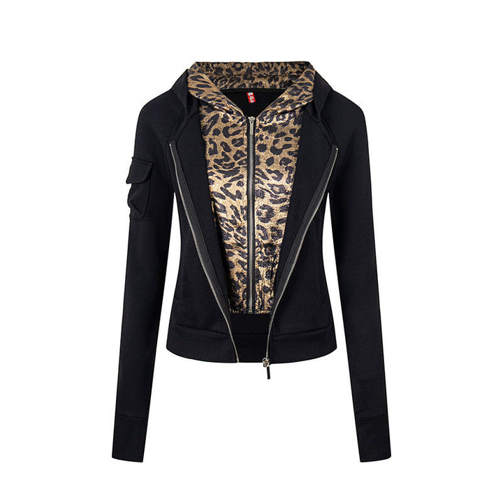 Damen Lagenlook-Zip-Hoodie mit metallischem Leoparden-Innenfutter und schmaler Silhouette Echoarchiv