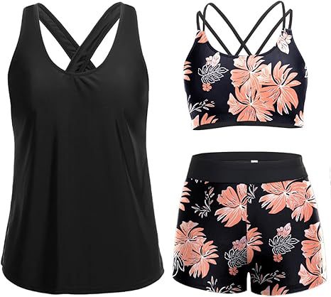 Damen Sportliches Tankini-Set mit floralem Oberteil und Shorts Echoarchiv