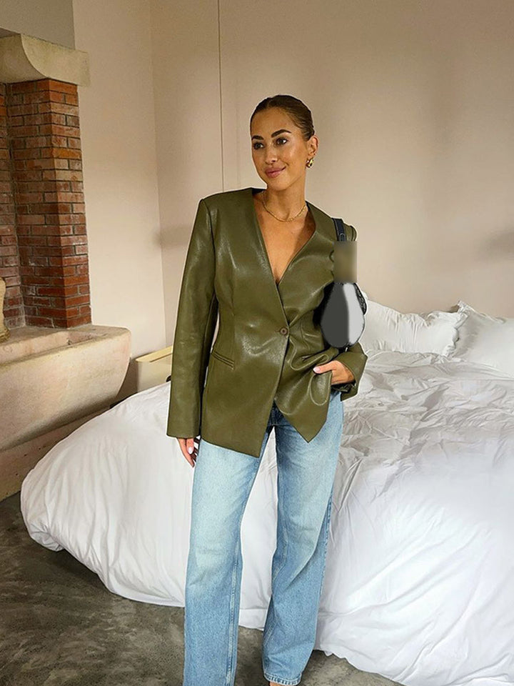 Damen Figurbetonter Lederimitat-Blazer mit einreihiger Knopfleiste und defined Shoulder Echoarchiv