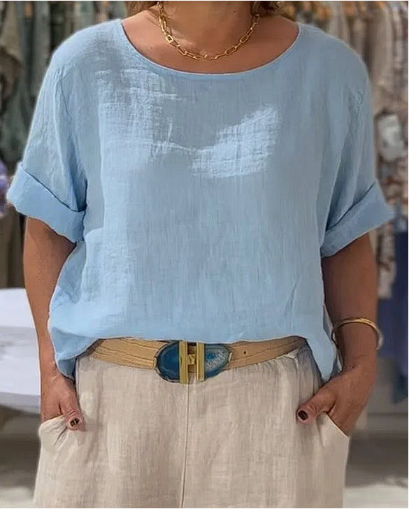 Damen Leichte Leinenbluse mit umgeschlagenen Ärmeln – Élovi
