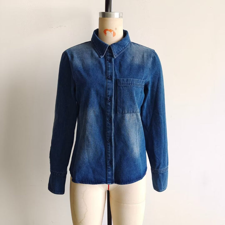 Damen leichte Vintage-Denim-Bluse im Relaxed-Fit mit aufgesetzter Brusttasche und durchgehender Knopfleiste – Maréline