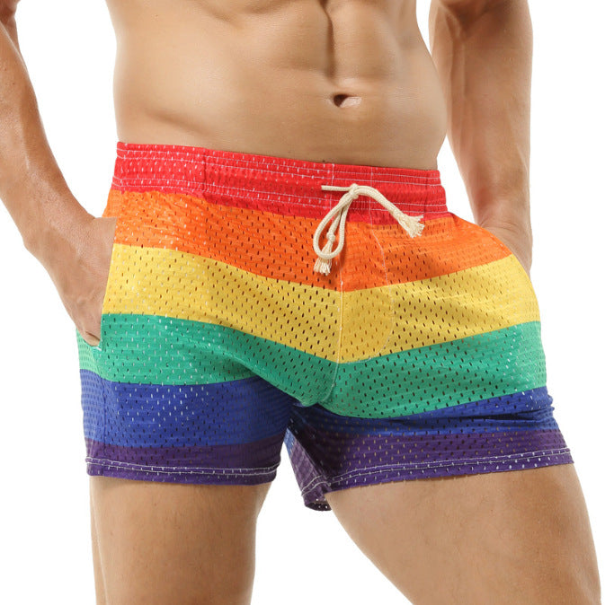 Herren Badeshorts mit atmungsaktivem Netzmaterial und buntem Regenbogenmuster Echoarchiv