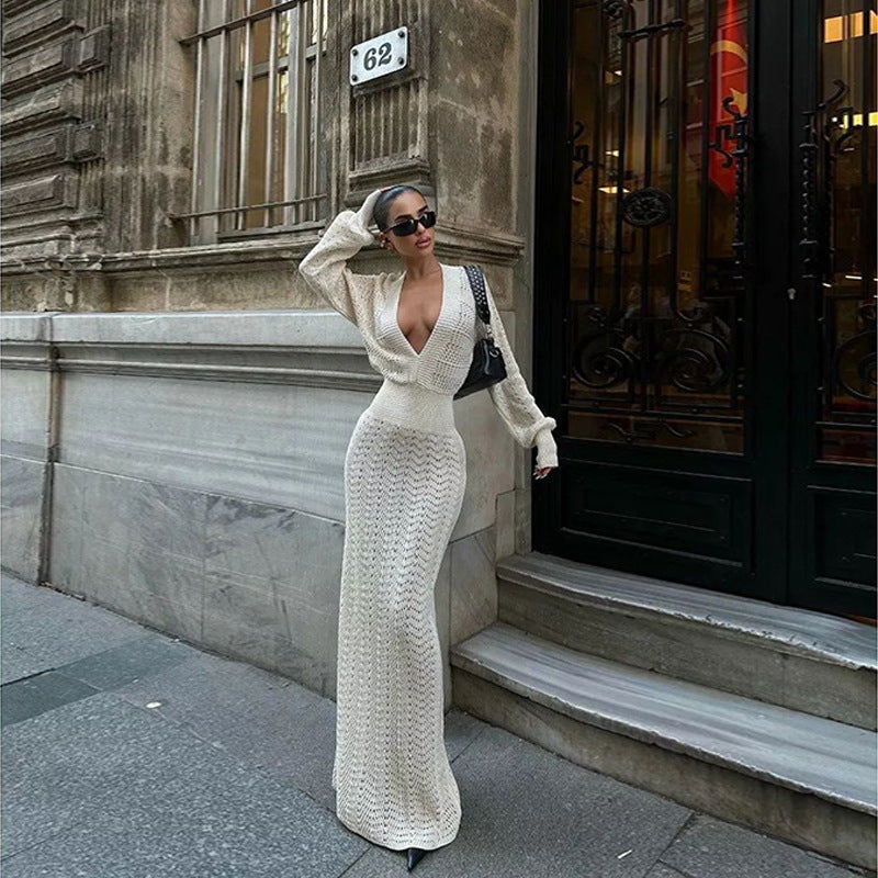 Damen elegantes gehäkeltes Maxikleid mit tiefem V-Ausschnitt Echo Archiv