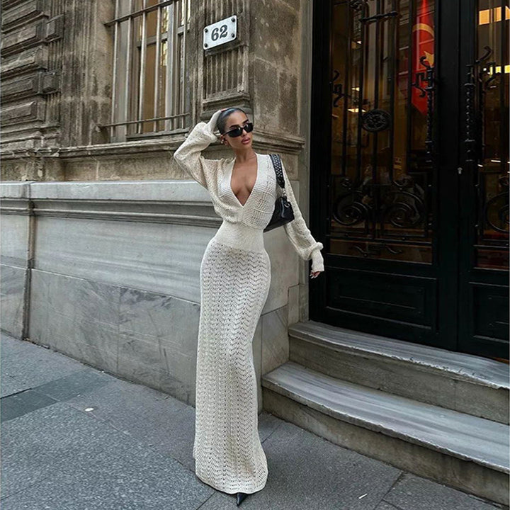 Damen elegantes gehäkeltes Maxikleid mit tiefem V-Ausschnitt Echo Archiv