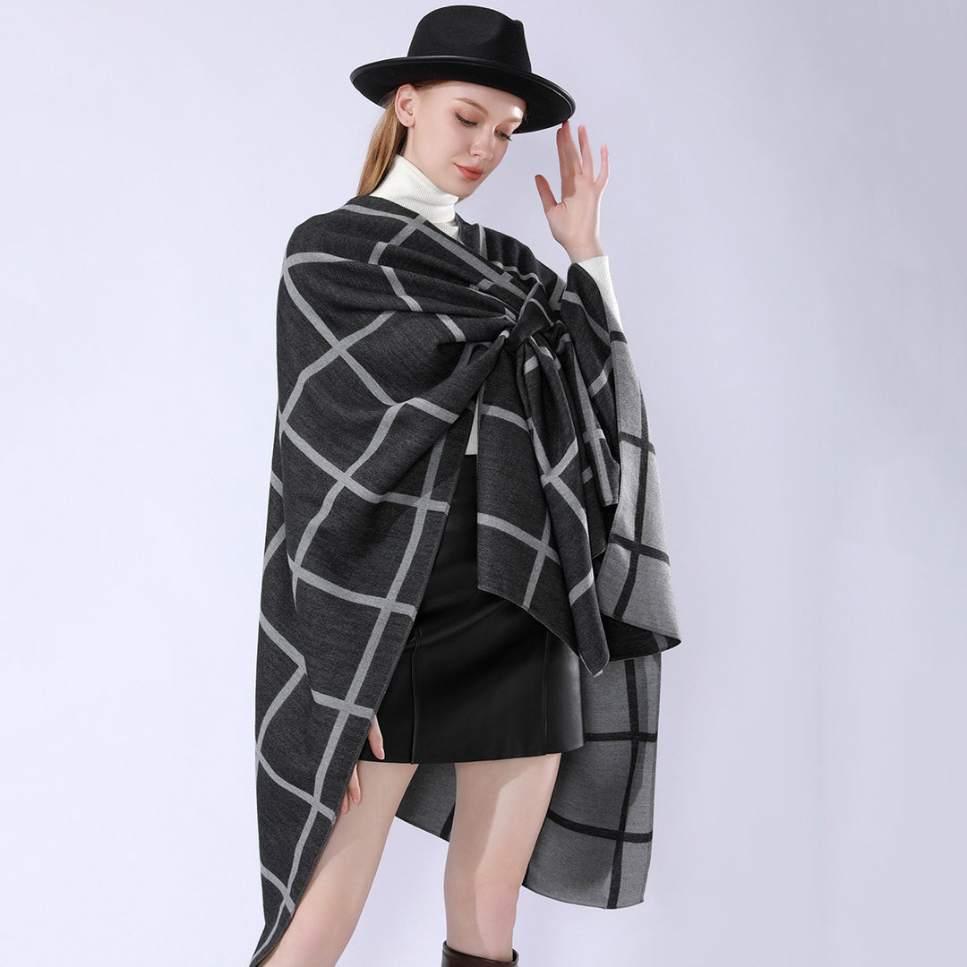Damen Oversize Wollmix Poncho mit Gürtel und Karomuster Echo Archiv