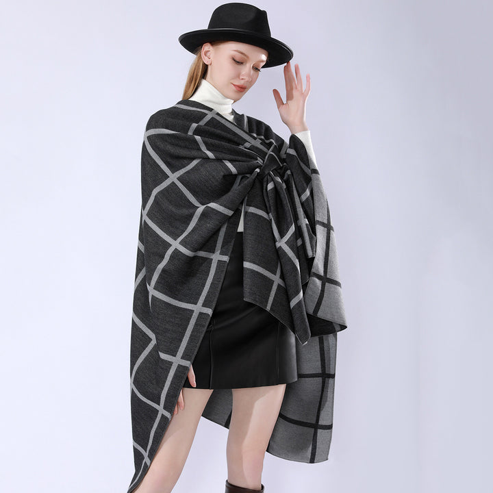 Damen Oversize Wollmix Poncho mit Gürtel und Karomuster Echo Archiv