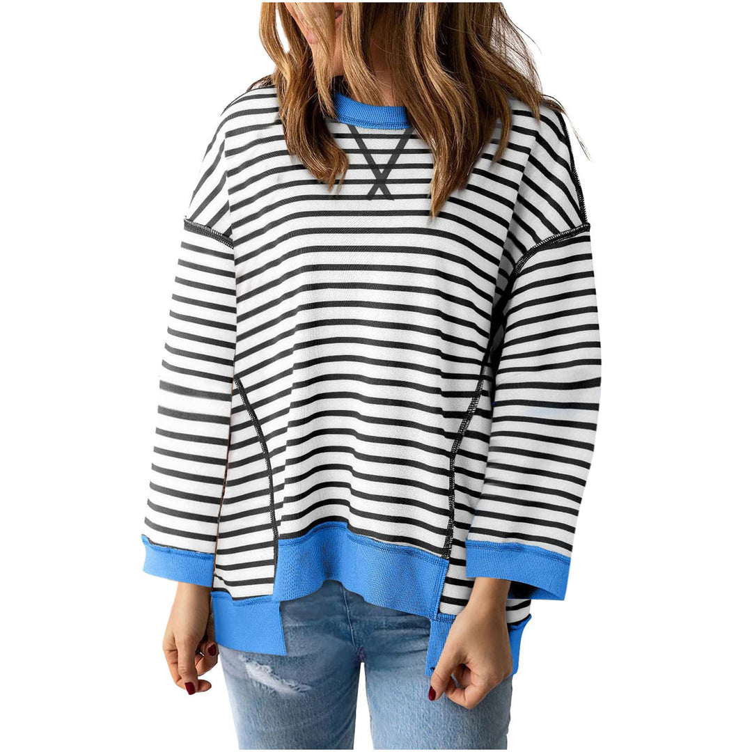 Damen nan oversized gestreifter Sweatshirtpullover mit kontrastsaum, überschnittener Schulter und seitlichen Schlitzen Echo Archiv