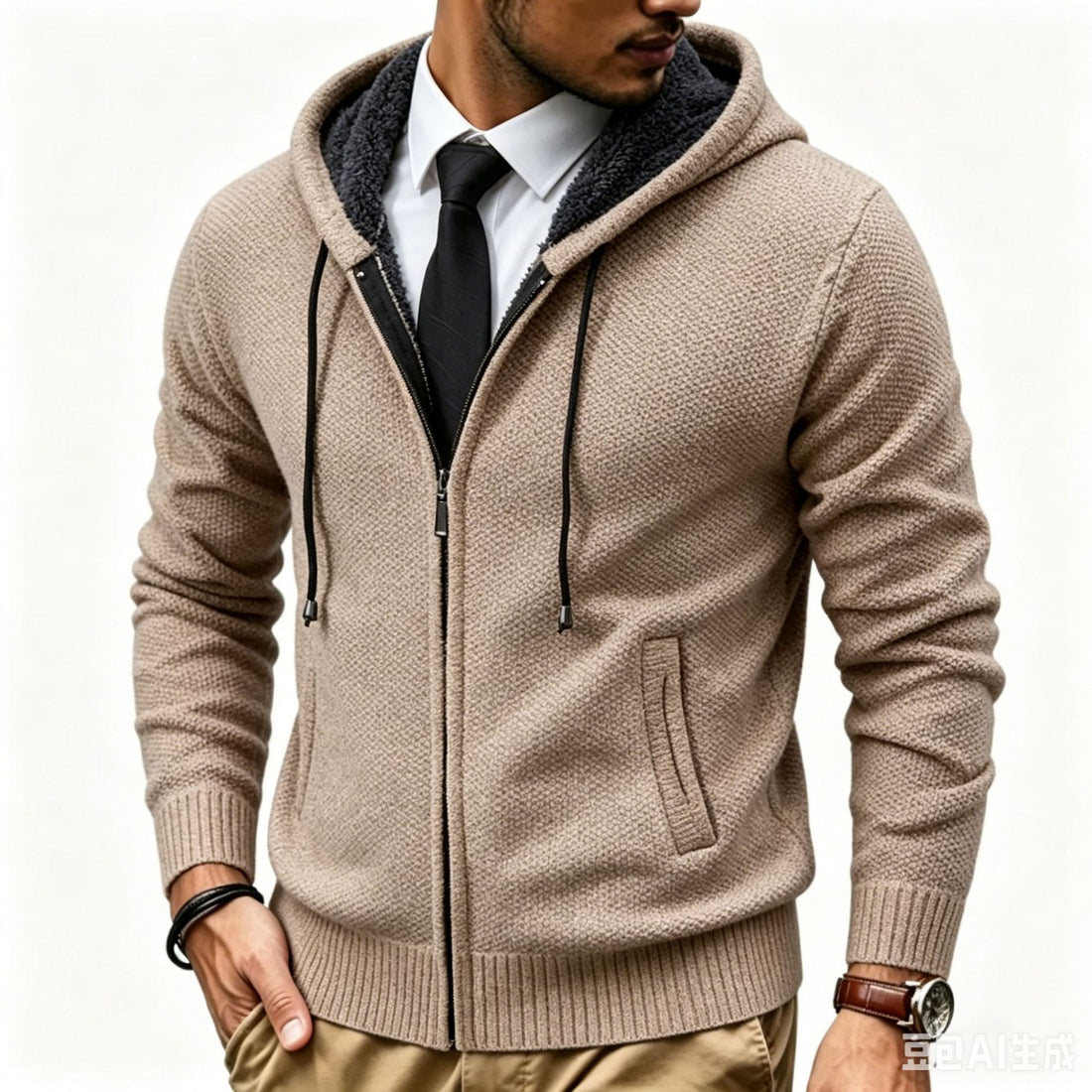 Herren Kapuzen-Strickjacke mit Teddyfutter und durchgehendem Reißverschluss Echo Archiv