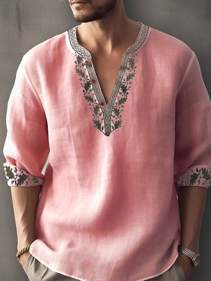 Herren Leinenbluse mit extravagantem Blumenmuster und eleganten Knopfdetails Echoarchiv