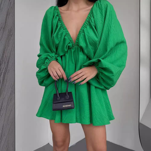 Damen Lockeres Minikleid mit tiefem V-Ausschnitt und Ballonärmeln Echoarchiv