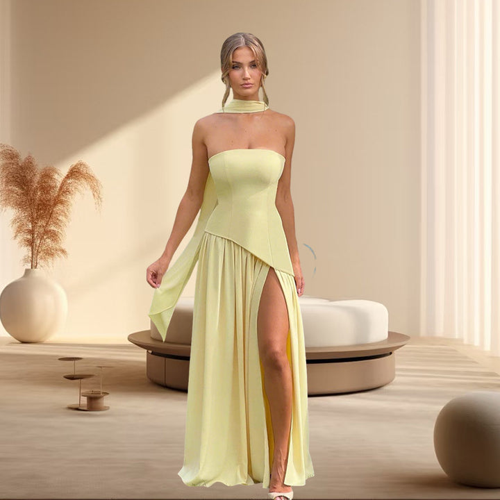 Damen Elegantes Abendkleid mit seitlichem Schlitz und schulterfreiem Oberteil Echo Archiv