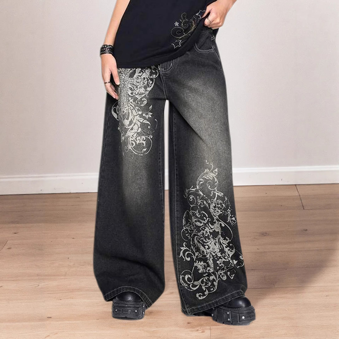Damen Weite Denim-Hose mit auffälligem grafischem Druck Echo Archiv