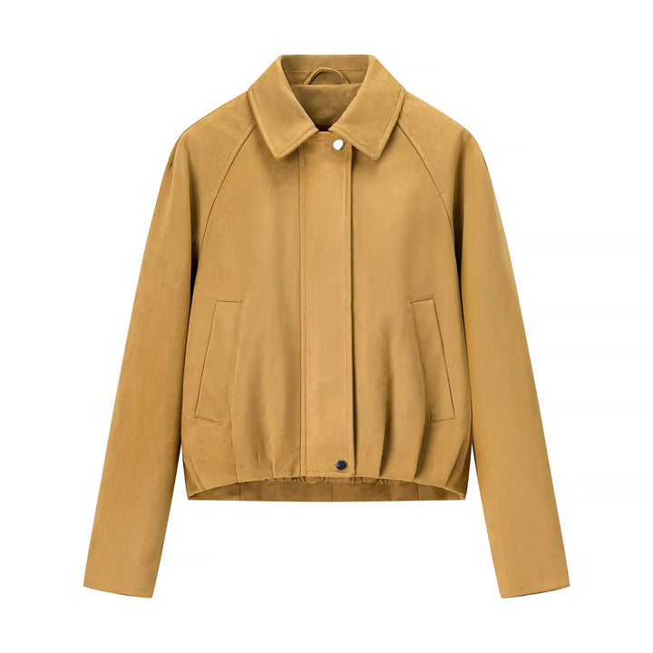 Damen cropped Veloursblouson mit Hemdkragen verdeckter Druckknopfleiste und elastischem Saum – Célinea