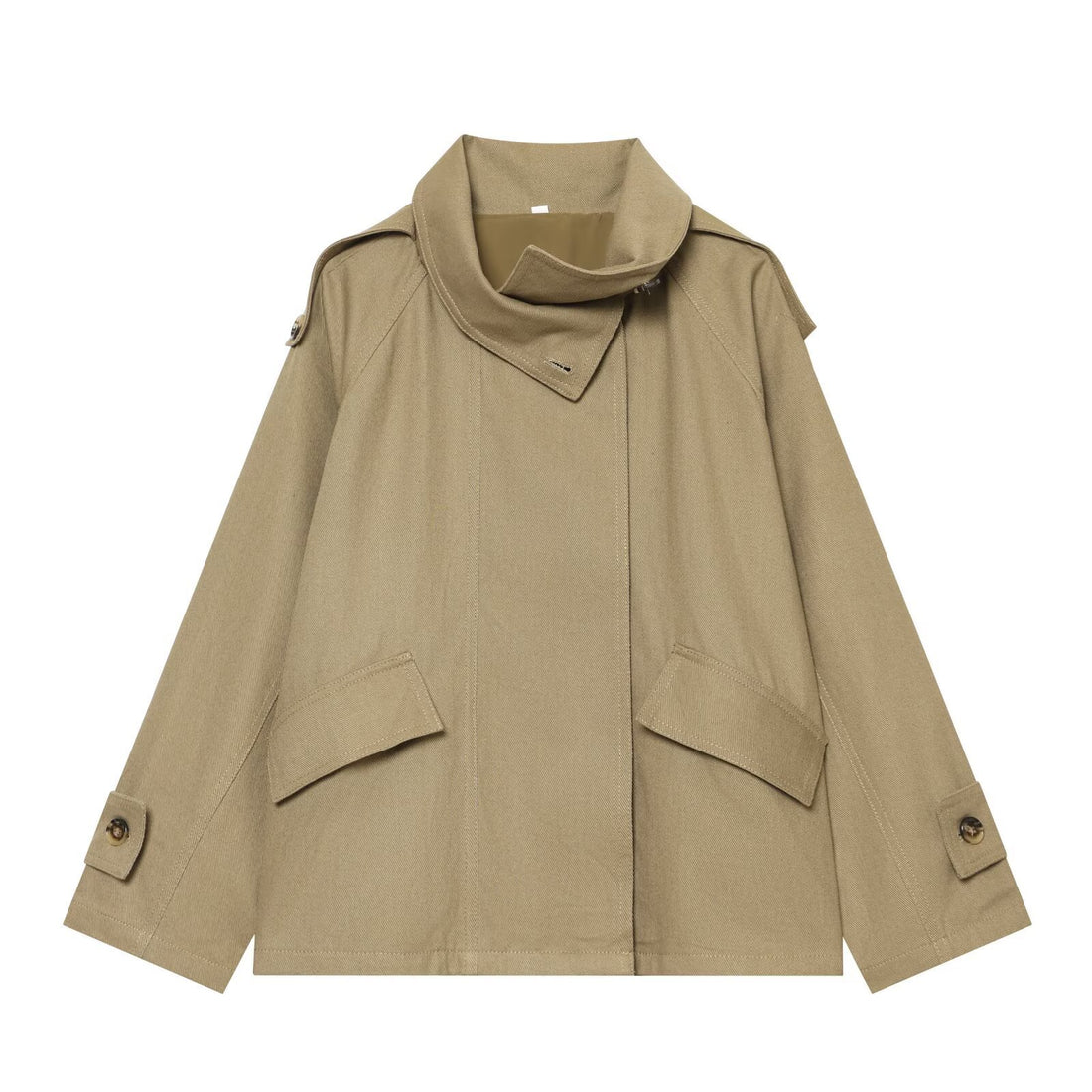 Damen Kurze Oversized Cape-Trenchjacke mit hohem Funnelkragen und Utility‑Pattentaschen Echoarchiv