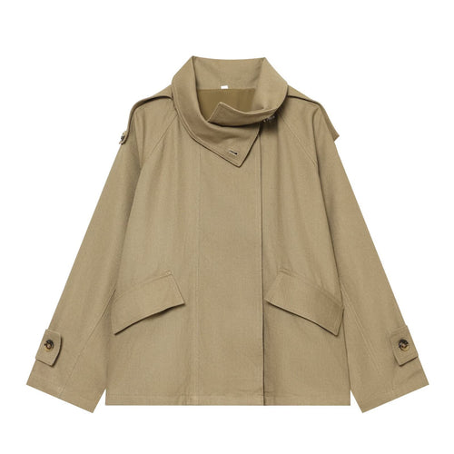Damen Kurze Oversized Cape-Trenchjacke mit hohem Funnelkragen und Utility‑Pattentaschen Echoarchiv