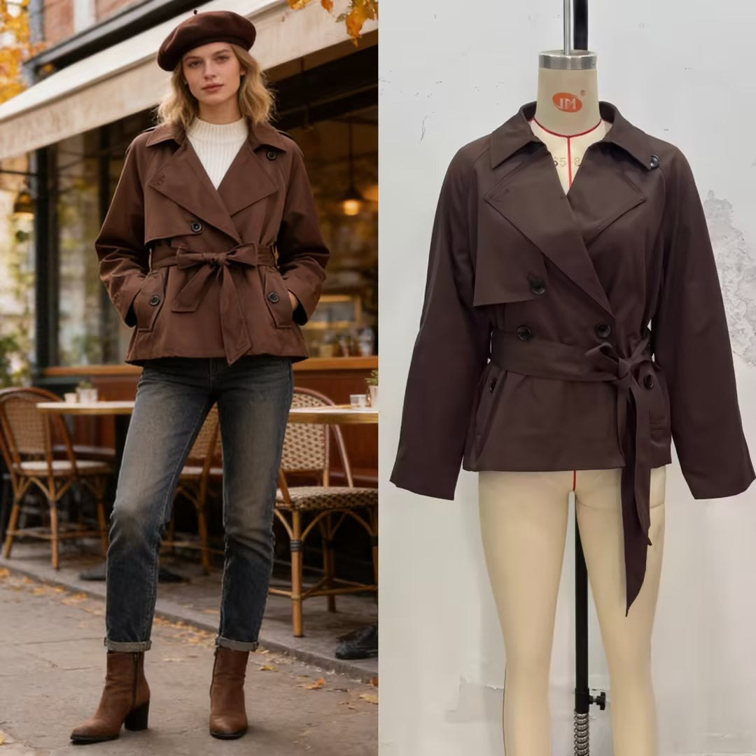 Damen Gekürzte Taillengürtel-Trenchjacke mit breitem Revers und Pattentaschen Echo Archiv