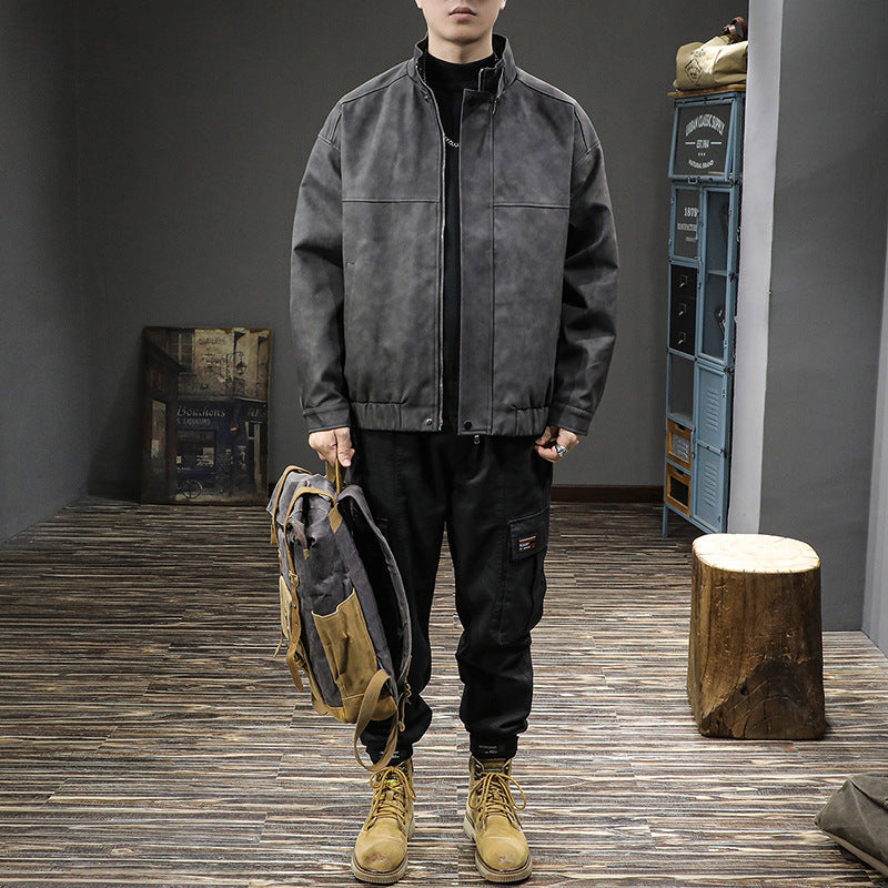 Herren Minimalistische Vintage-Kunstleder-Bomberjacke mit Stehkragen und verdeckter Druckknopfleiste Echoarchiv