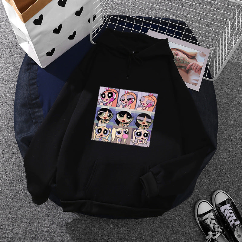 Damen lässiger Kapuzenpullover mit quadratischem Cartoon-Collageprint weiches Fleece Innenfutter und aufgesetzter Kängurutasche – Auréline