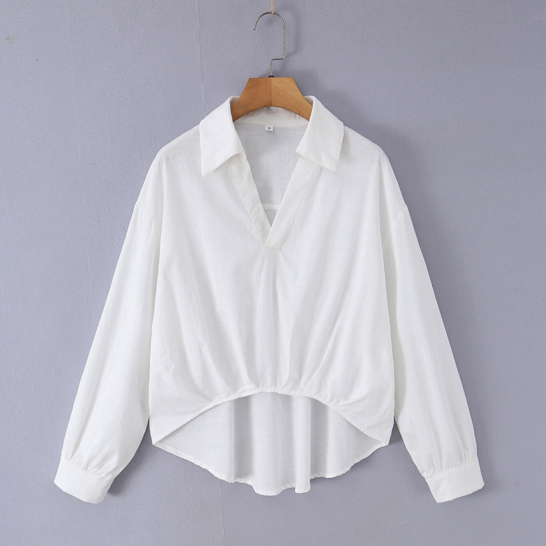 Damen lockere Baumwollbluse mit V-Ausschnitt, Hemdkragen und gerafftem Zipfelsaum – Élovi