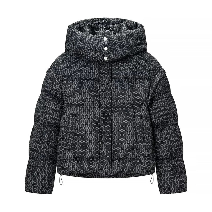 Damen kurze Boxy-Steppjacke mit grafischem Quiltmuster, großer Kapuze, verdeckter Druckknopfleiste und Tunnelzugsaum – Célinea