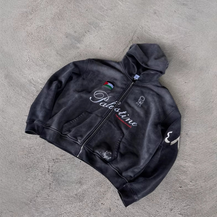 Unisex nan Oversize Kapuzensweat-Set im Vintage-Look mit Reißverschluss, aussagekräftiger Stickerei und weitem Sweatpant Echo Archiv