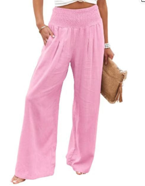 Frauen Weite Bein Smocked Hohe Taille Leinenmischung Hosen – Avélisse