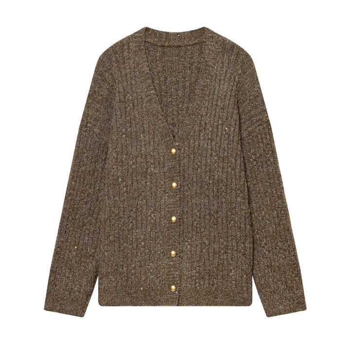 Damen Grobgestrickter Rippencardigan mit goldfarbenen Knöpfen und V-Ausschnitt Echoarchiv
