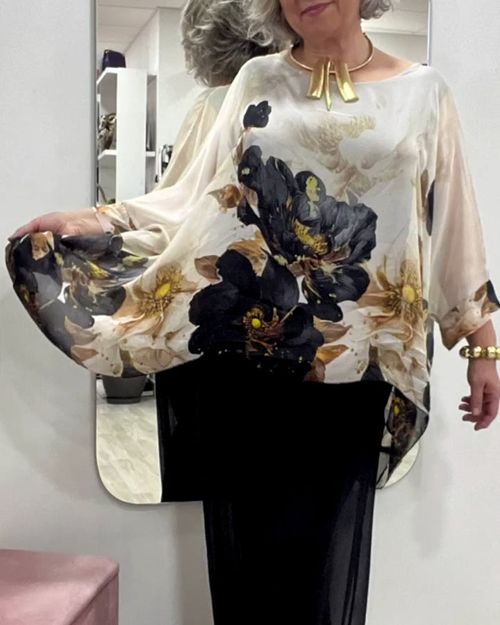 Damen nan elegante Chiffon-Tunika mit Fledermausärmeln und asymmetrischem Saum Echo Archiv