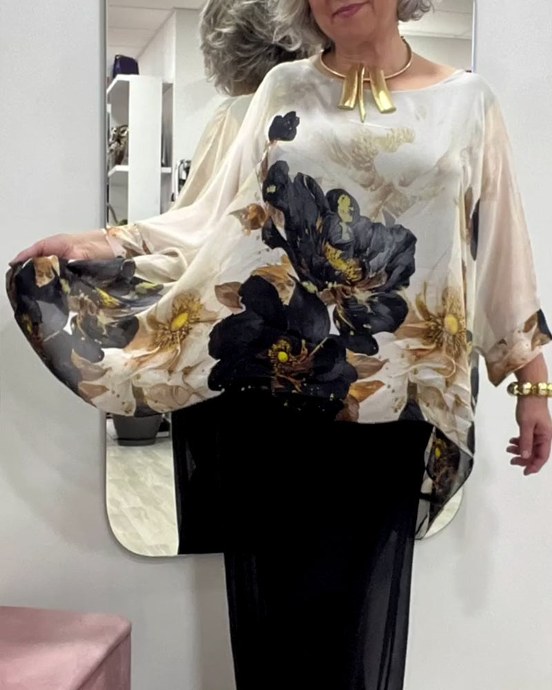 Damen nan luftige Chiffon-Tunika mit Fledermausärmeln asymmetrischem Saum und floralem Druck Echo Archiv