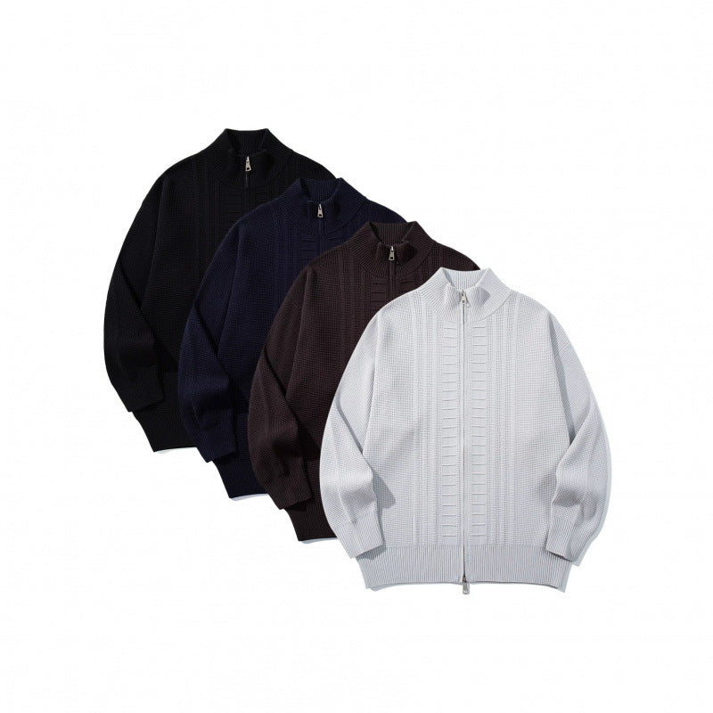 Herren Grobgestrickter Zip-Cardigan mit hohem Kragen und Doppelreißverschluss Echo Archiv