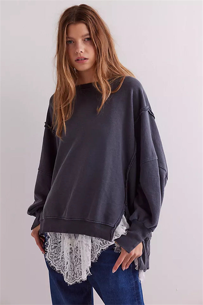 Damen oversized Sweatshirt mit Ballonärmeln, offenen Saumnähten und seitlichen Schlitzen – Avérine