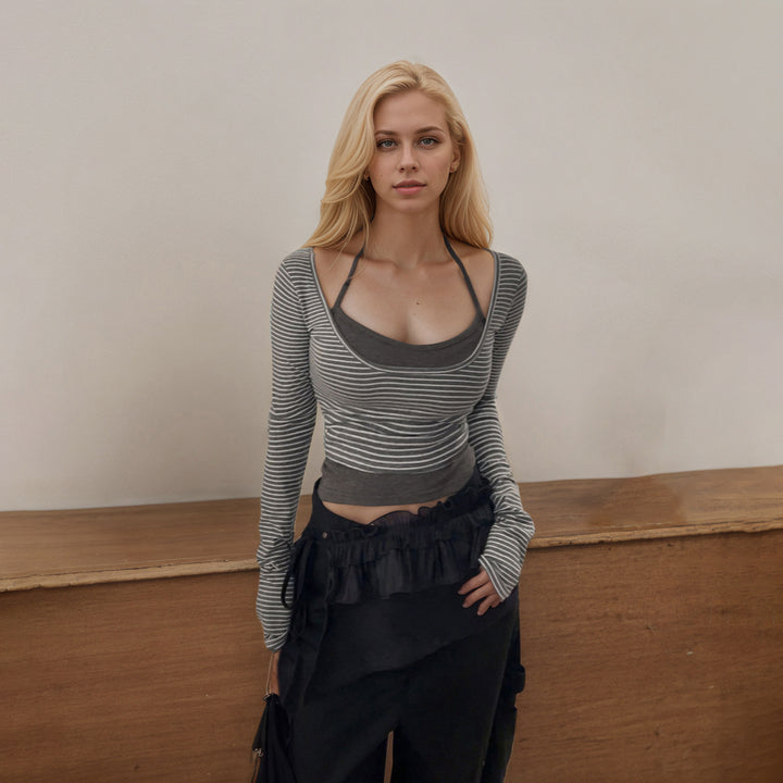 Damen nan gerafftes Layering-Cropped-Top mit integriertem Bustier und feinem Streifenstrick Echo Archiv