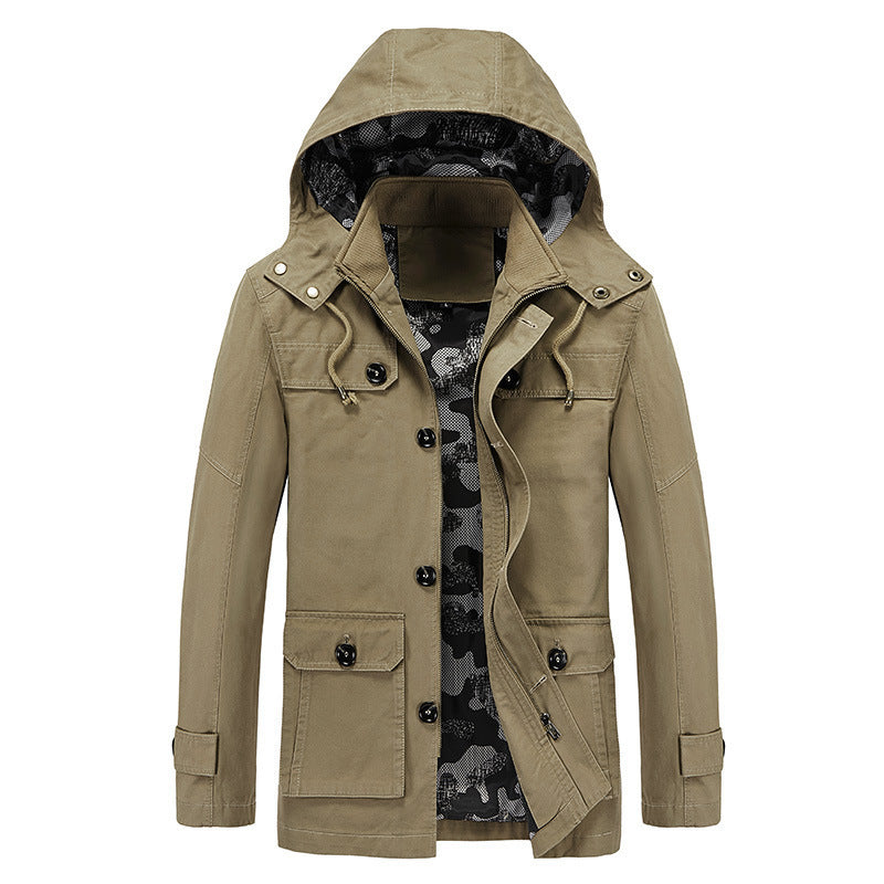 Herren mittellange Canvas-Fieldjacke mit Kapuze, Cargo‑Taschen und Camouflage‑Innenfutter Echo Archiv