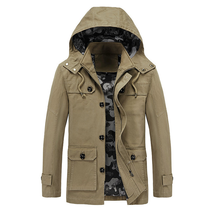 Herren mittellange Canvas-Fieldjacke mit Kapuze, Cargo‑Taschen und Camouflage‑Innenfutter Echo Archiv