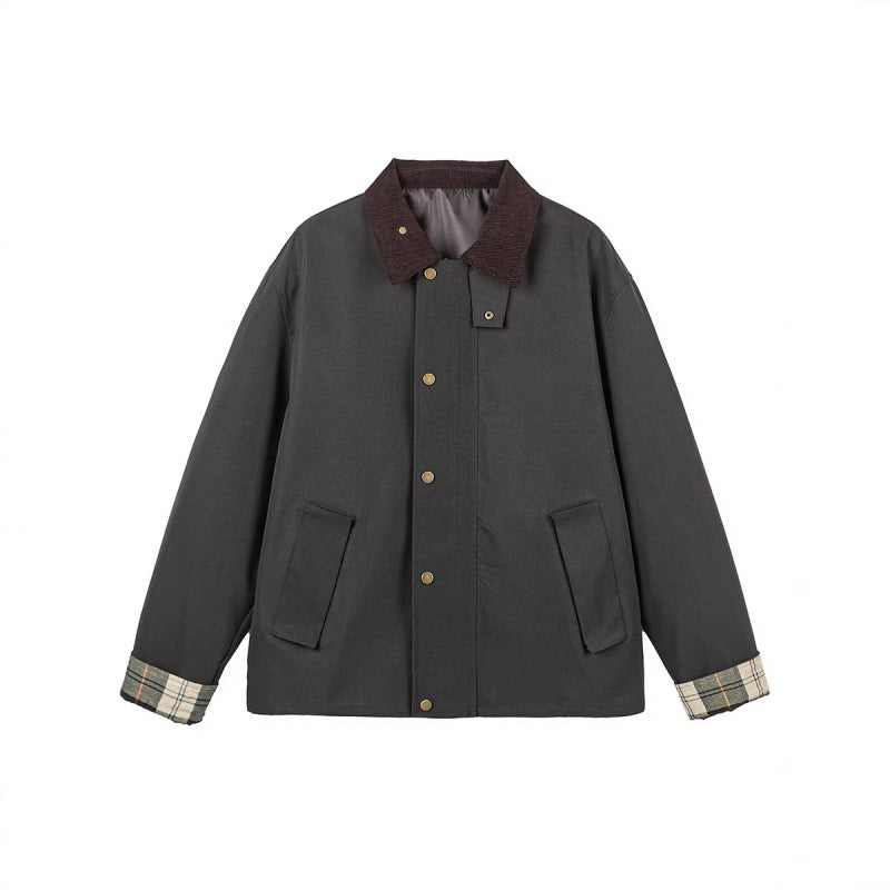 Herren Kurze Boxy-Workerjacke aus robustem Canvas mit Cordkragen und verdeckter Druckknopfleiste Echo Archiv
