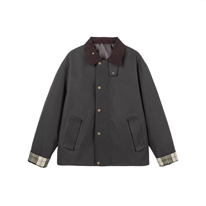 Herren Kurze Boxy-Workerjacke aus robustem Canvas mit Cordkragen und verdeckter Druckknopfleiste Echo Archiv