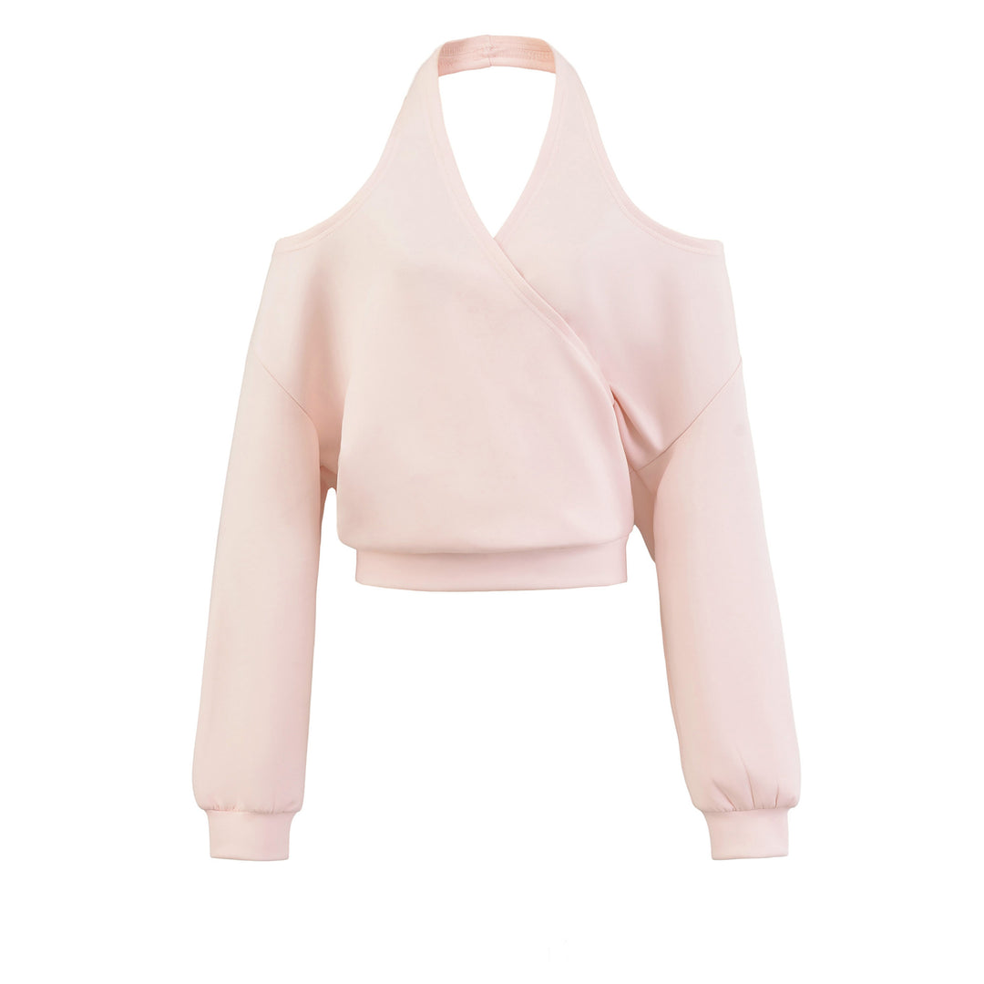 Damen Cropped Sweatshirt mit Neckholder, Cold-Shoulder und Wickeloptik Echoarchiv