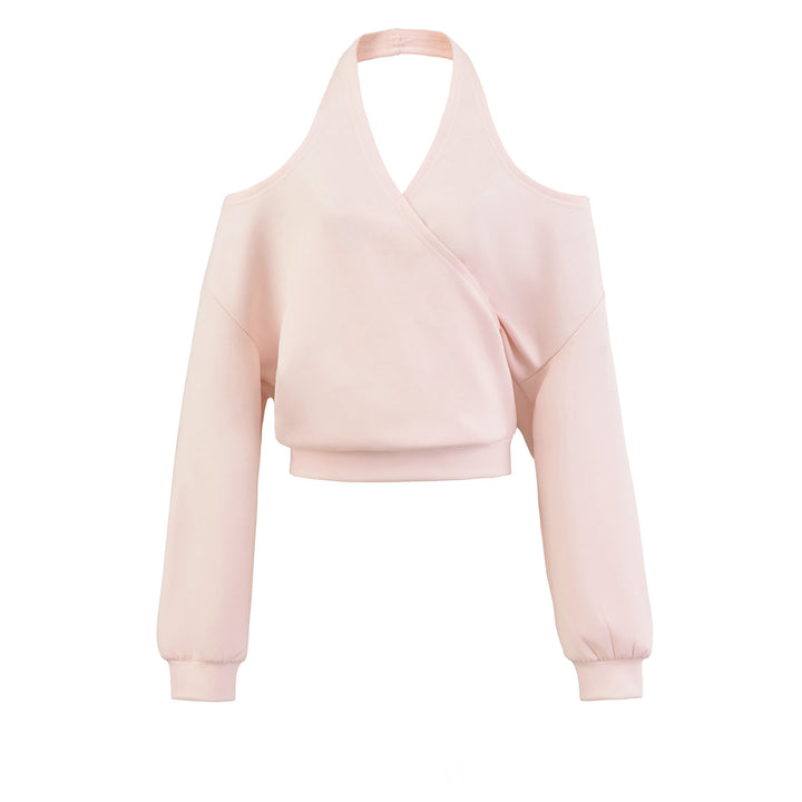 Damen Cropped Sweatshirt mit Neckholder, Cold-Shoulder und Wickeloptik Echoarchiv