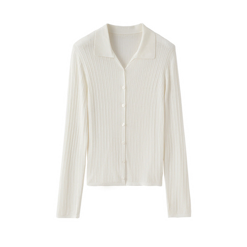 Damen Feinstrick-Cardigan mit Rippenstruktur, Knopfleiste und Polokragen Echo Archiv