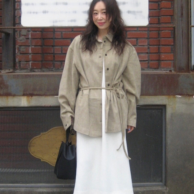 Damen Oversize Velourslederoptik-Utility-Jacke mit Tunnelzugtaillierung Echoarchiv