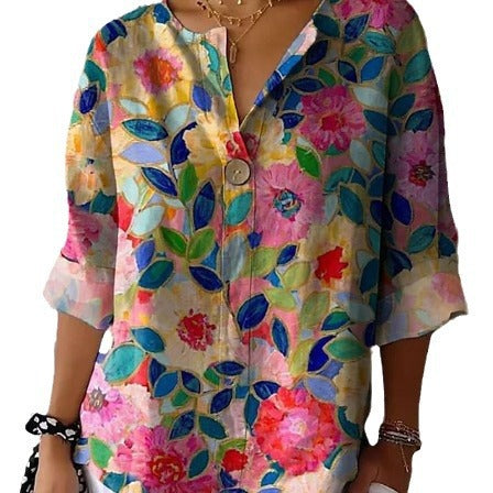 Damen Lose Blumenmuster Leinenlook Bluse Tunika mit V-Ausschnitt und Dreiviertelärmeln – Élovi