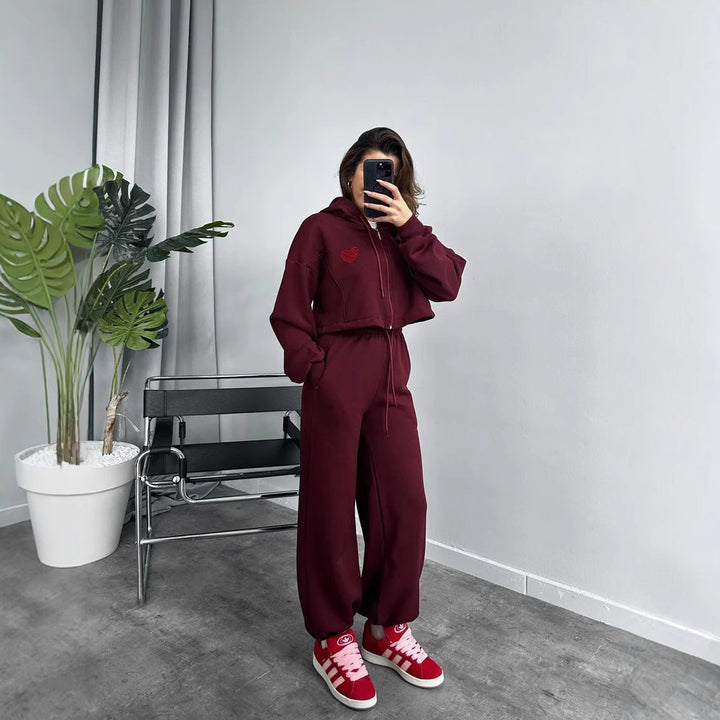 Damen Cropped Kapuzenpullover und hohe Taille Wide-Leg Jogginghose Set – Auréline