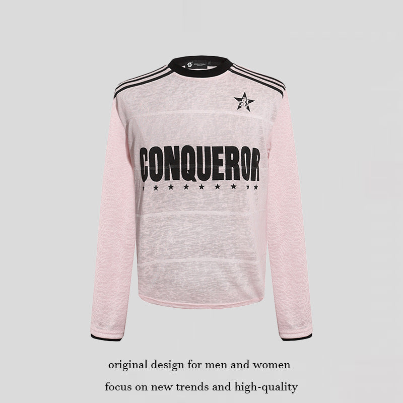 Damen Langarmshirt mit Statement-Print, Sportstreifen und strukturierter Slub-Optik Echoarchiv