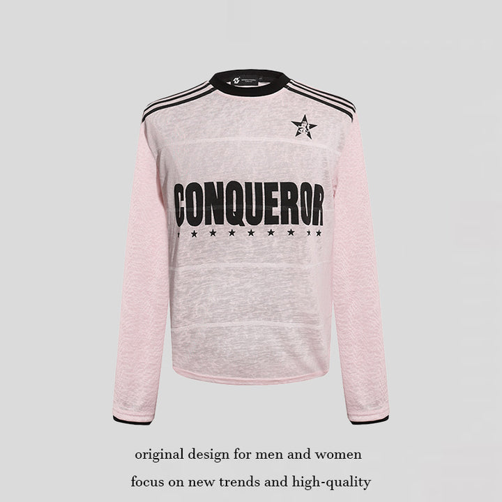 Damen Langarmshirt mit Statement-Print, Sportstreifen und strukturierter Slub-Optik Echoarchiv