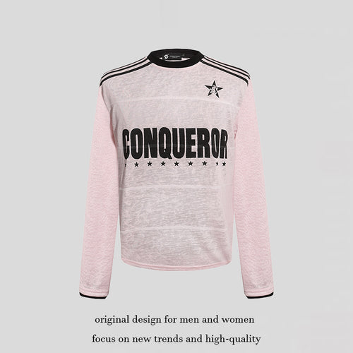 Damen Langarmshirt mit Statement-Print, Sportstreifen und strukturierter Slub-Optik Echoarchiv