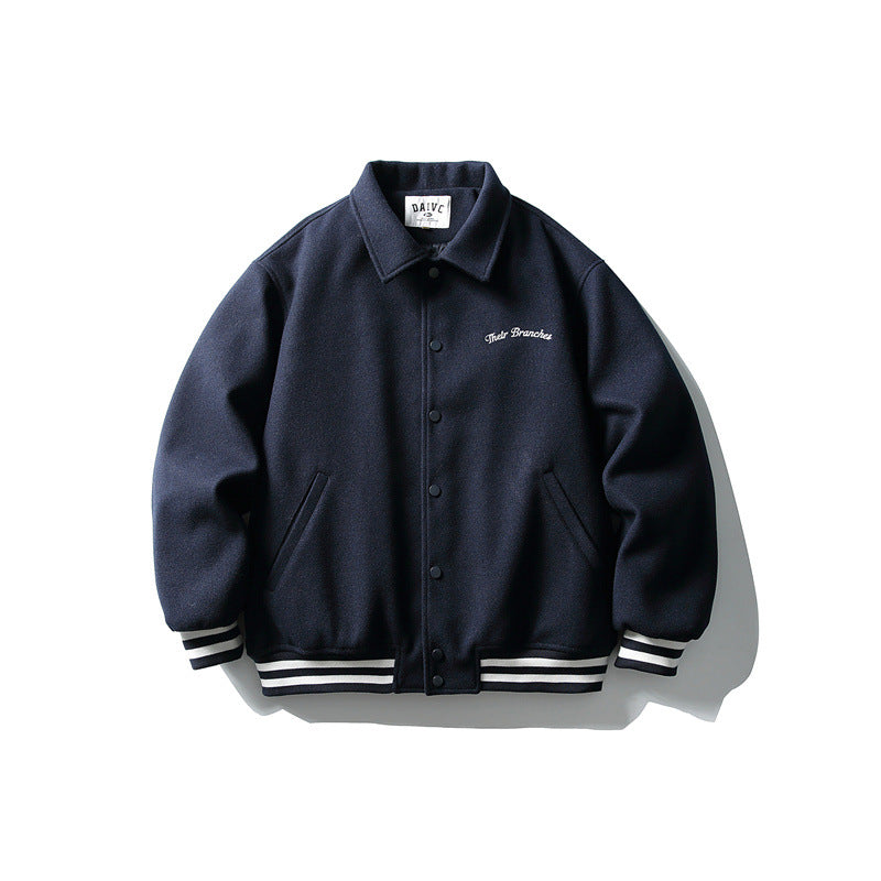 Herren Boxy College‑Blousonjacke aus Wollmix mit Druckknopfverschluss und gestreiften Rippbündchen Echoarchiv
