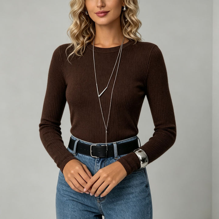 Damen Enganliegender Rippstrick-Pullover mit Rundhalsausschnitt – Mavelle